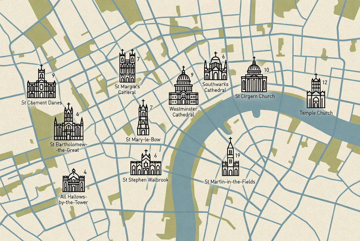 Map of central London showing the locations of the twelve churches